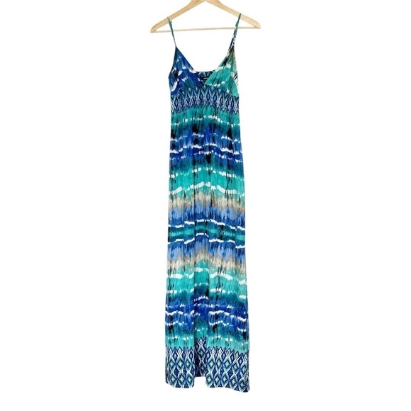 Aqua Dresses & Skirts - Aqua Tie Dye Colorful Tropical Spaghetti strap flowy vacation maxi dress smocked